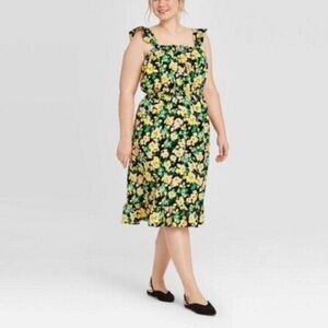 Who What Wear Floral Ruffle Strap Midi Dress, Black/Green/Yellow/Pink, Size M